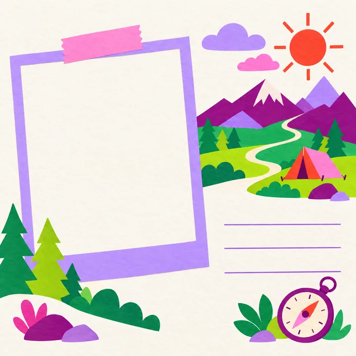 Paper-cut camping scene with a tent on a winding path, mountains, a compass and an empty photo frame