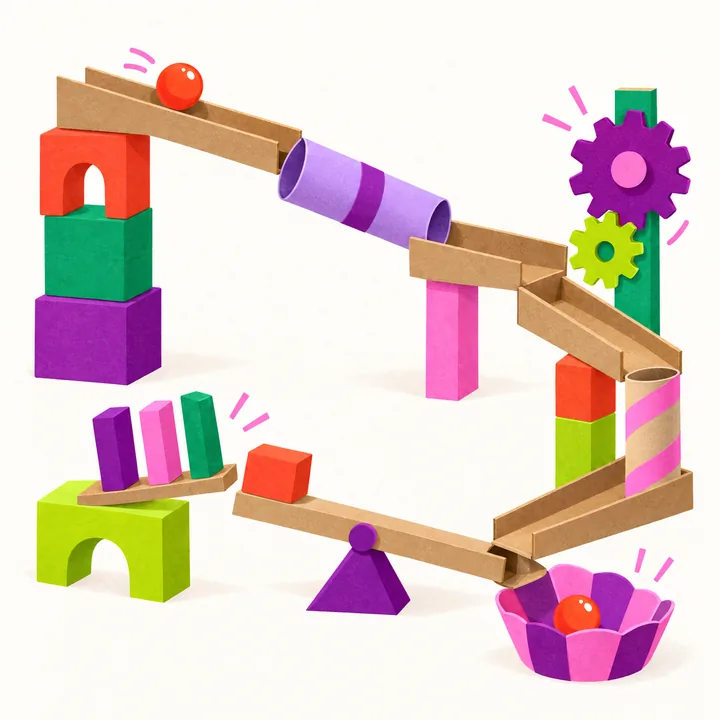 Paper-cut marble run with a red ball rolling down the track