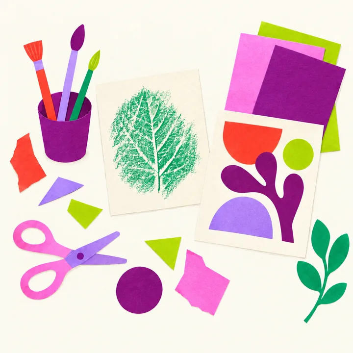 Paintbrushes in a cup beside scissors, a leaf rubbing and colourful paper cut-outs