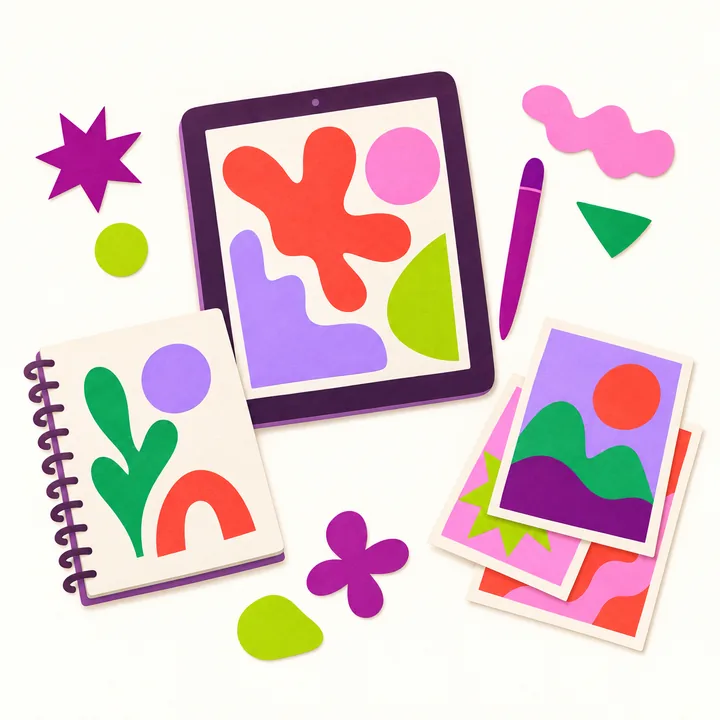 A tablet, notebook and pen with printed photos and colourful cut-out shapes