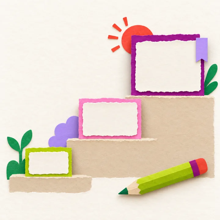 Three stepped paper cards with a sun behind them and a green pencil in front