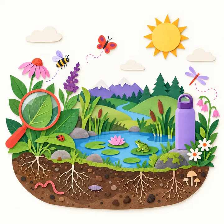 Paper-cut meadow with a pond, a frog, a magnifying glass and a layer of soil