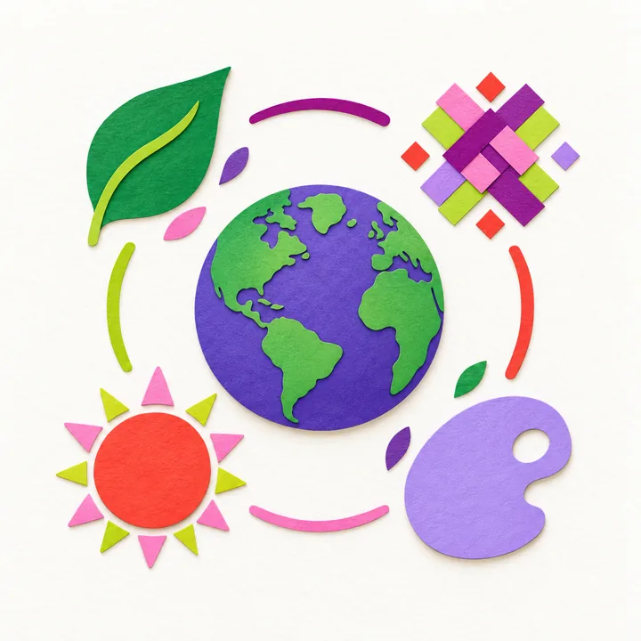 Paper-cut globe with a leaf, a sun, a woven pattern and a paint palette