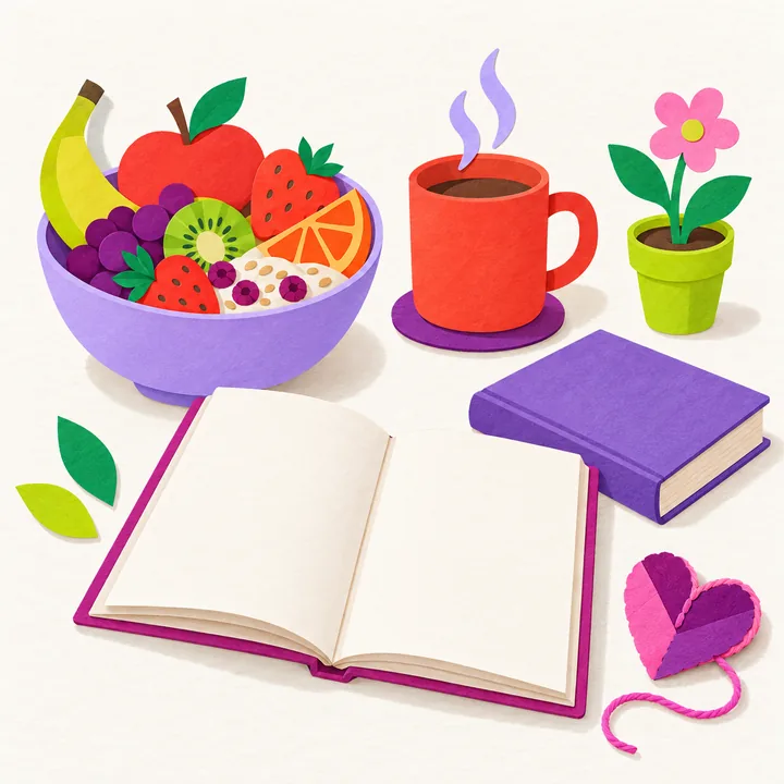 A bowl of fruit and porridge with a mug of tea, a journal, a book and a fabric heart