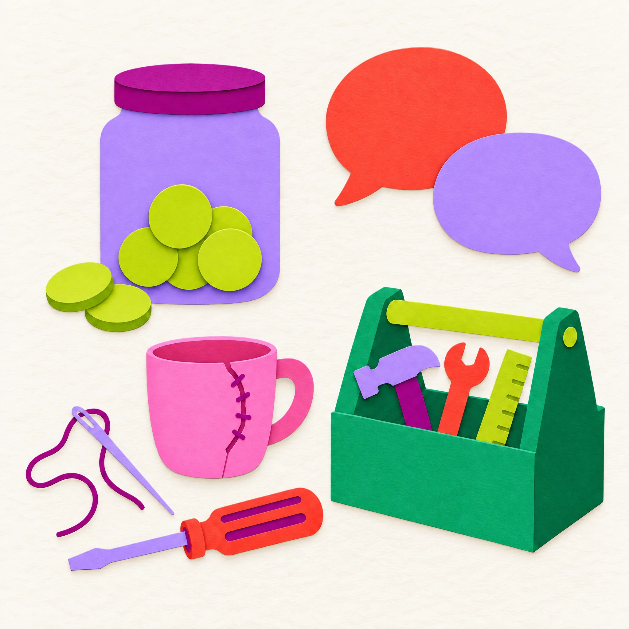 A jar of coins, two speech bubbles, a toolbox and a mended mug with a needle and thread