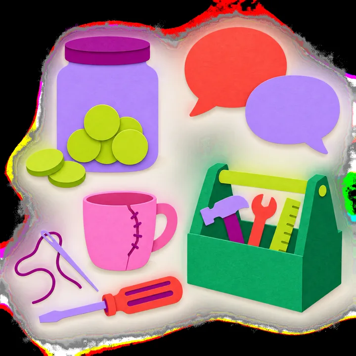A jar of coins, two speech bubbles, a toolbox and a mended mug with a needle and thread