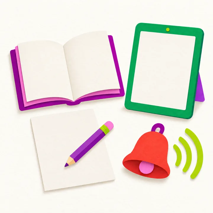 An open book, a tablet, a sheet of paper with a pencil and a red bell with sound waves